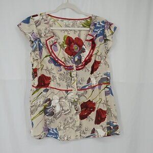 Odille Anthro Button Up Blouse Womens Blue Purple Red Silk Blend Ruffles Size 14